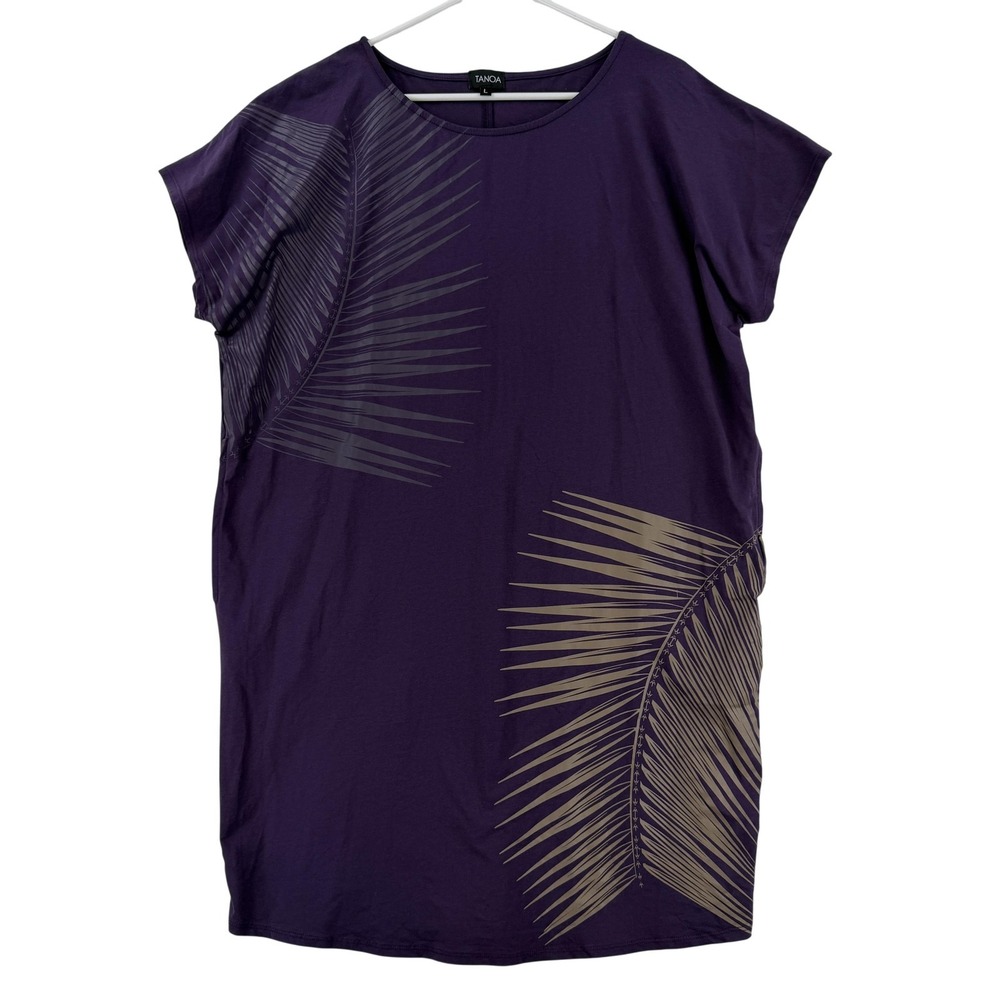 TANOA Hawaii Dress Womens Large Purple Tropical Palm Print T Shirt Shift Pockets